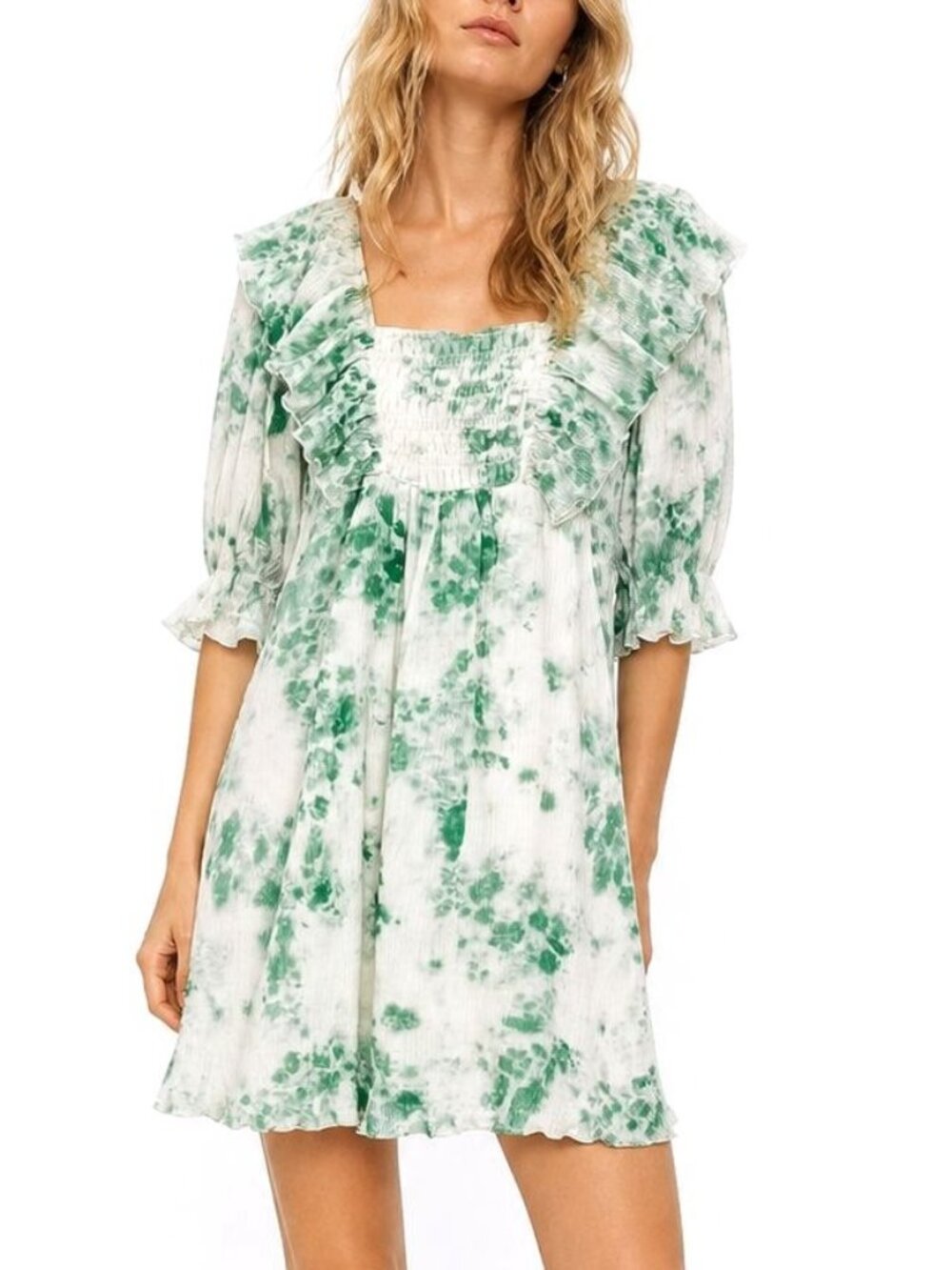 Ganni Pleated Georgette Ruffle Mini Dress Smocked Green Floral